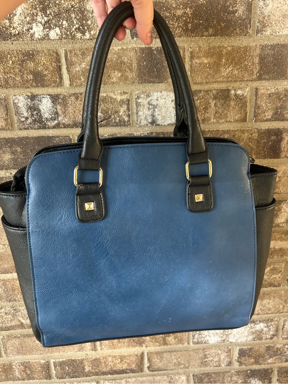 Black Rivet Blue Black Studded Satchel Handbag Gold Tone Shoulder Bag - Picture 2 of 11